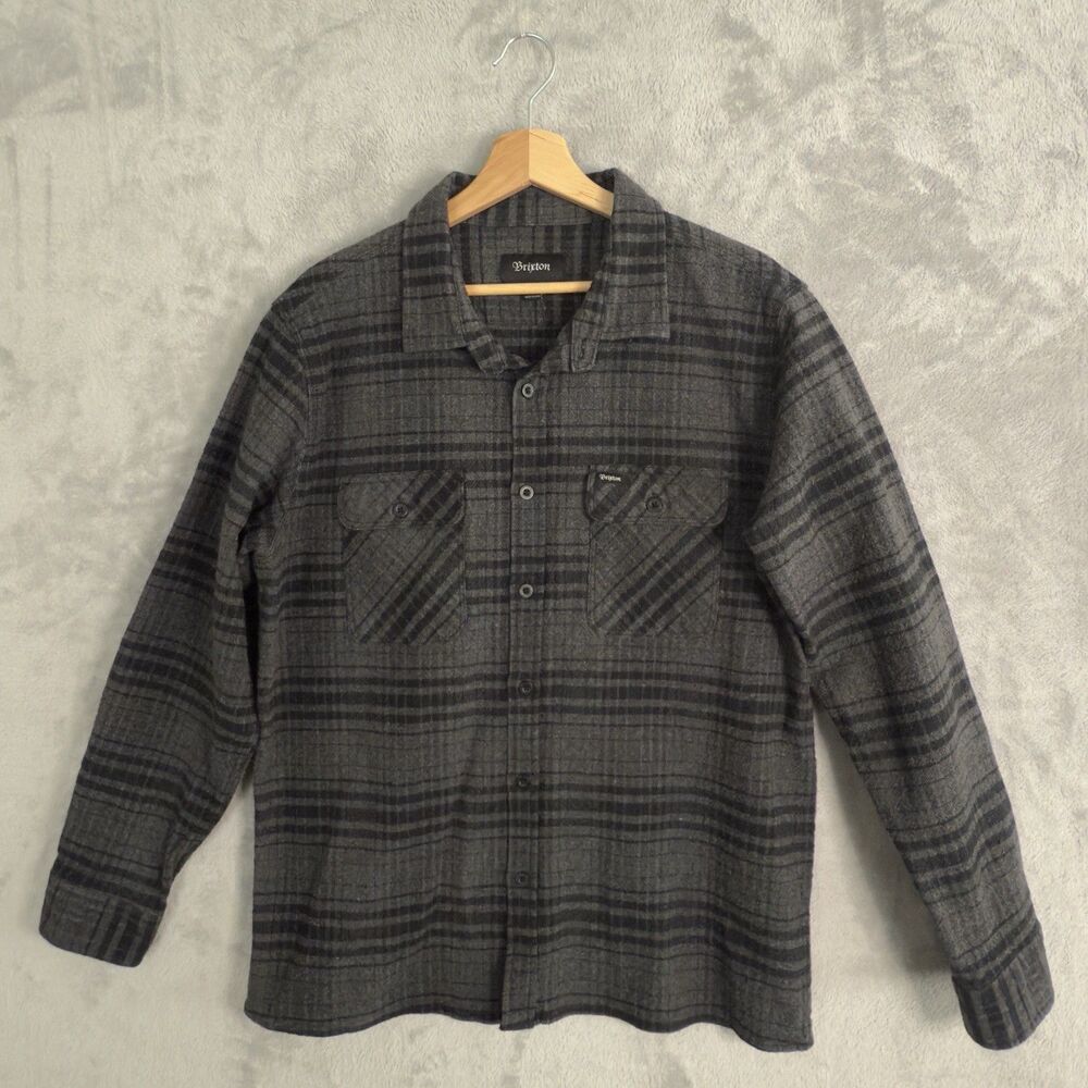 Brixton Bowery Flannel Shirt Mens Large Black Gray Button Front EUC